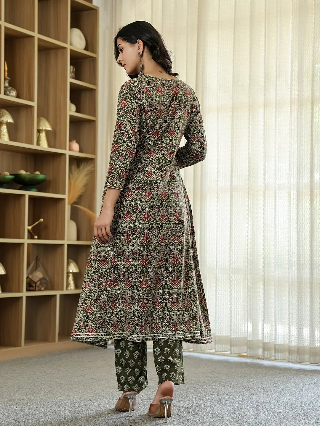 Yufta Olive Green Ethnic Motifs A-Line Kurta Trouser Dupatta Set With Bucket Neck