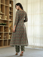 Thumbnail for Yufta Olive Green Ethnic Motifs A-Line Kurta Trouser Dupatta Set With Bucket Neck