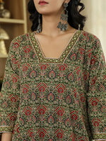 Thumbnail for Yufta Olive Green Ethnic Motifs A-Line Kurta Trouser Dupatta Set With Bucket Neck