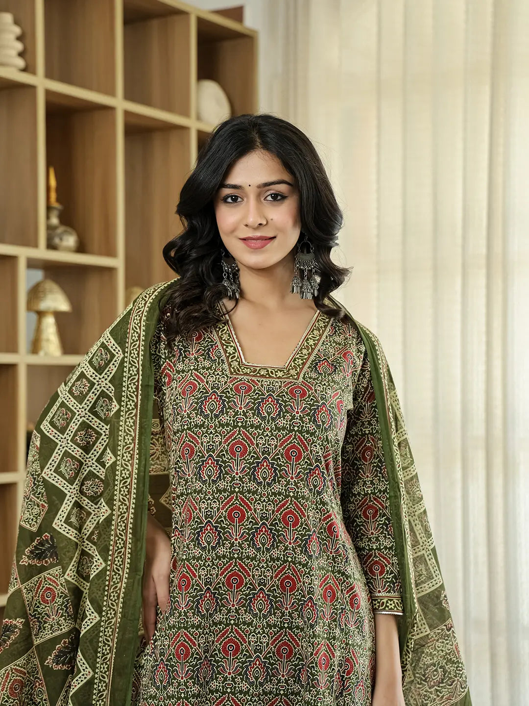 Yufta Olive Green Ethnic Motifs A-Line Kurta Trouser Dupatta Set With Bucket Neck