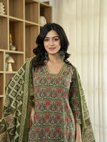 Thumbnail for Yufta Olive Green Ethnic Motifs A-Line Kurta Trouser Dupatta Set With Bucket Neck