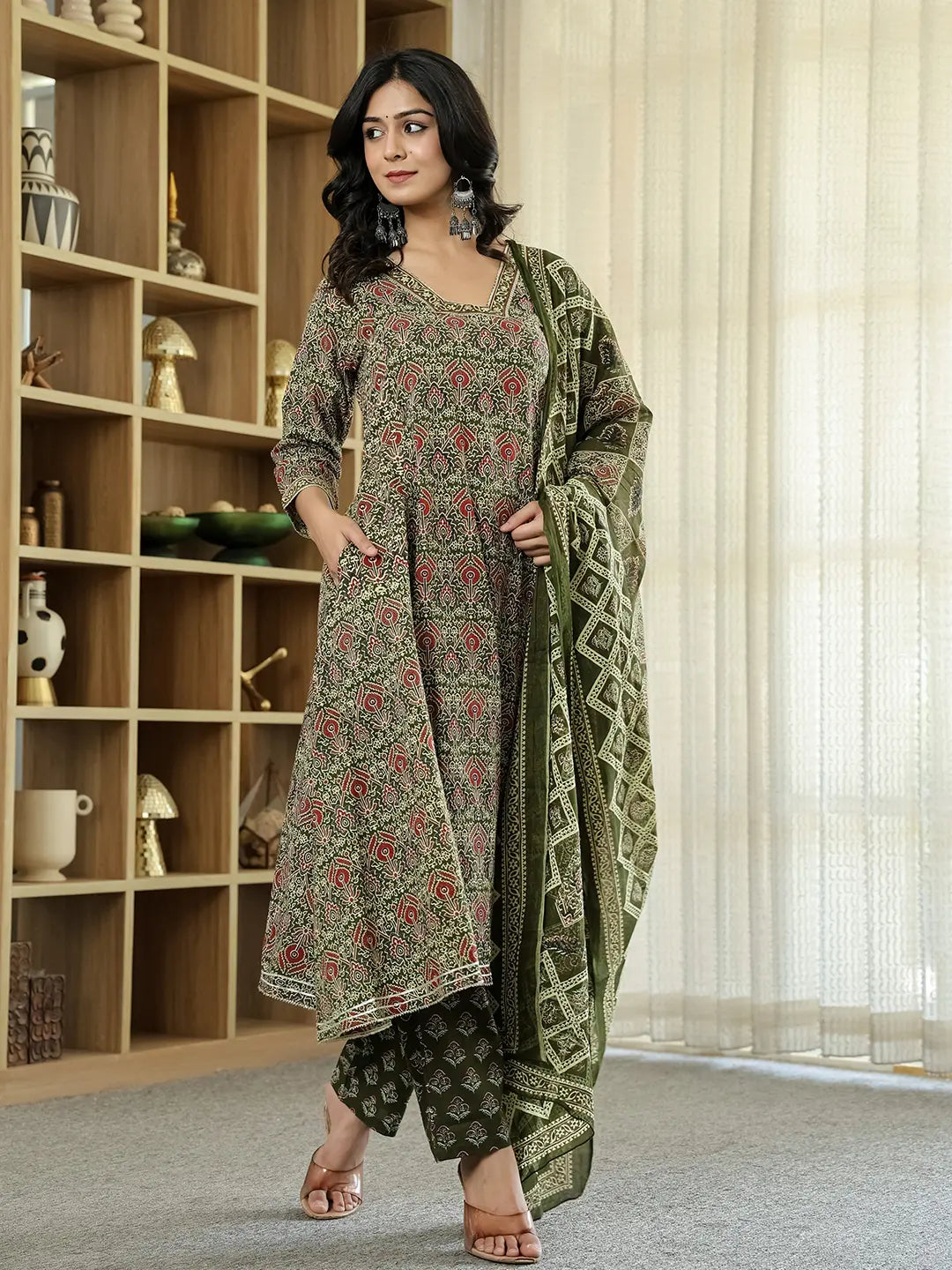 Yufta Olive Green Ethnic Motifs A-Line Kurta Trouser Dupatta Set With Bucket Neck