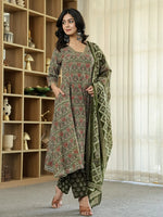 Thumbnail for Yufta Olive Green Ethnic Motifs A-Line Kurta Trouser Dupatta Set With Bucket Neck