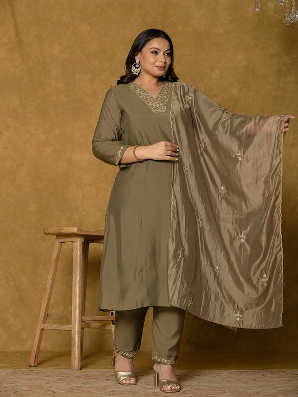 Yufta Olive Green Silk Embroidered Plus Size Kurta Dupatta Set