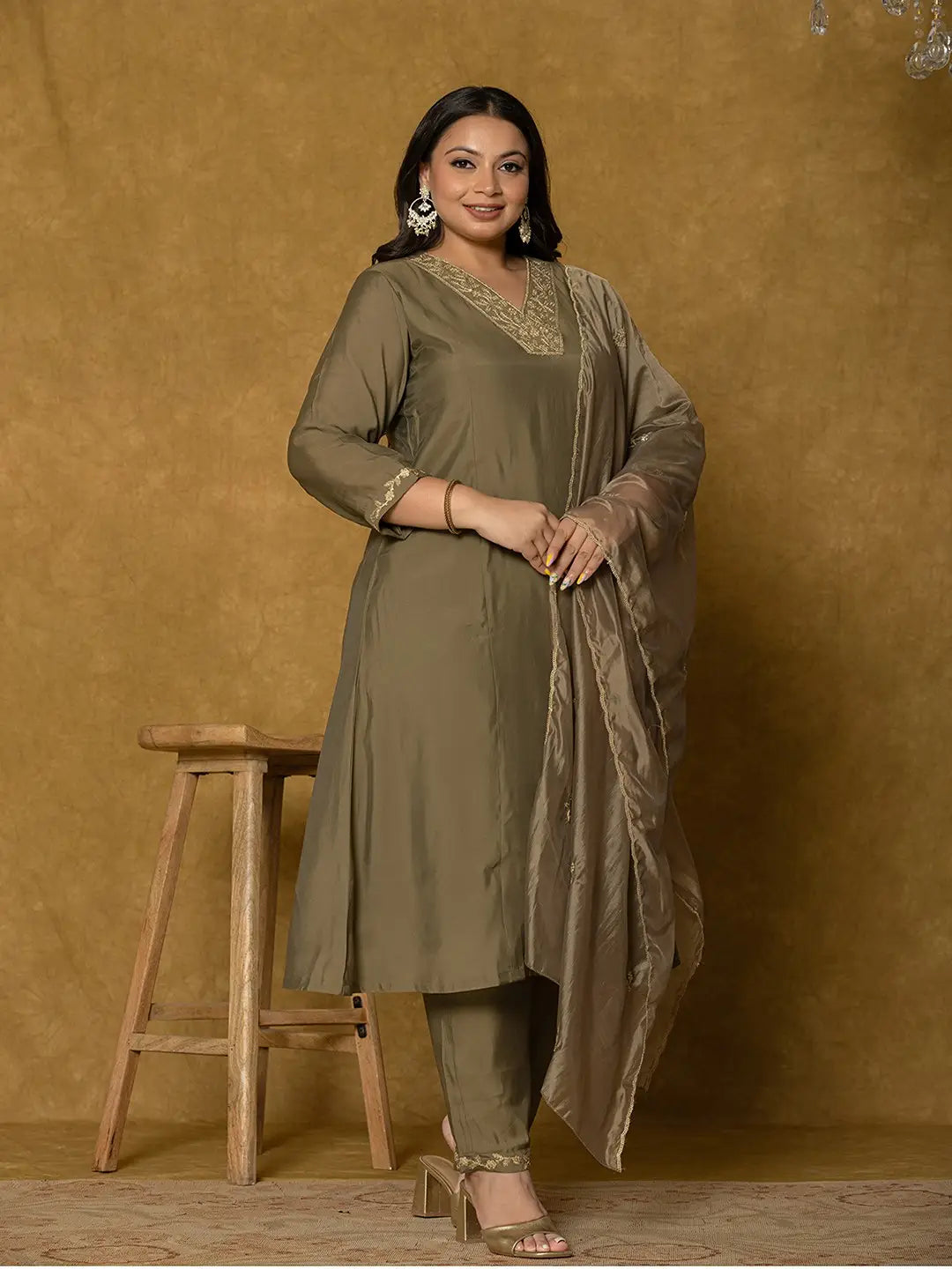Yufta Olive Green Silk Embroidered Plus Size Kurta Dupatta Set - Distacart