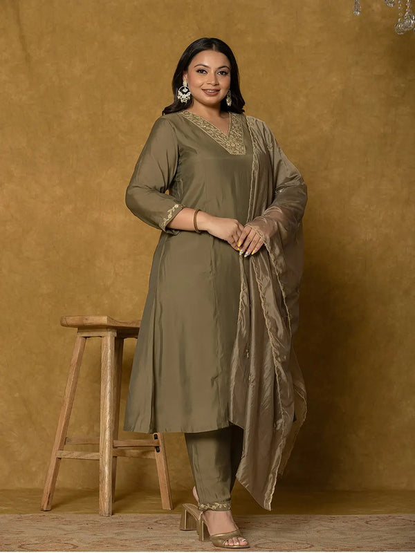 Yufta Olive Green Silk Embroidered Plus Size Kurta Dupatta Set