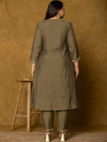Thumbnail for Yufta Olive Green Silk Embroidered Plus Size Kurta Dupatta Set