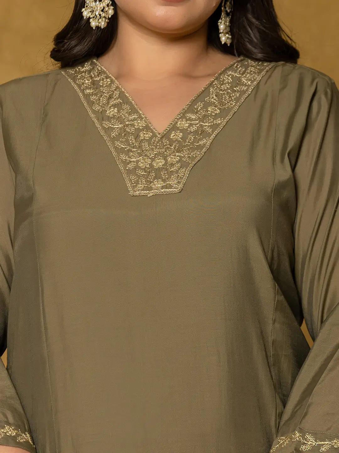 Yufta Olive Green Silk Embroidered Plus Size Kurta Dupatta Set