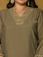 Thumbnail for Yufta Olive Green Silk Embroidered Plus Size Kurta Dupatta Set