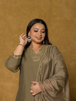 Thumbnail for Yufta Olive Green Silk Embroidered Plus Size Kurta Dupatta Set