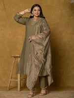 Thumbnail for Yufta Olive Green Silk Embroidered Plus Size Kurta Dupatta Set