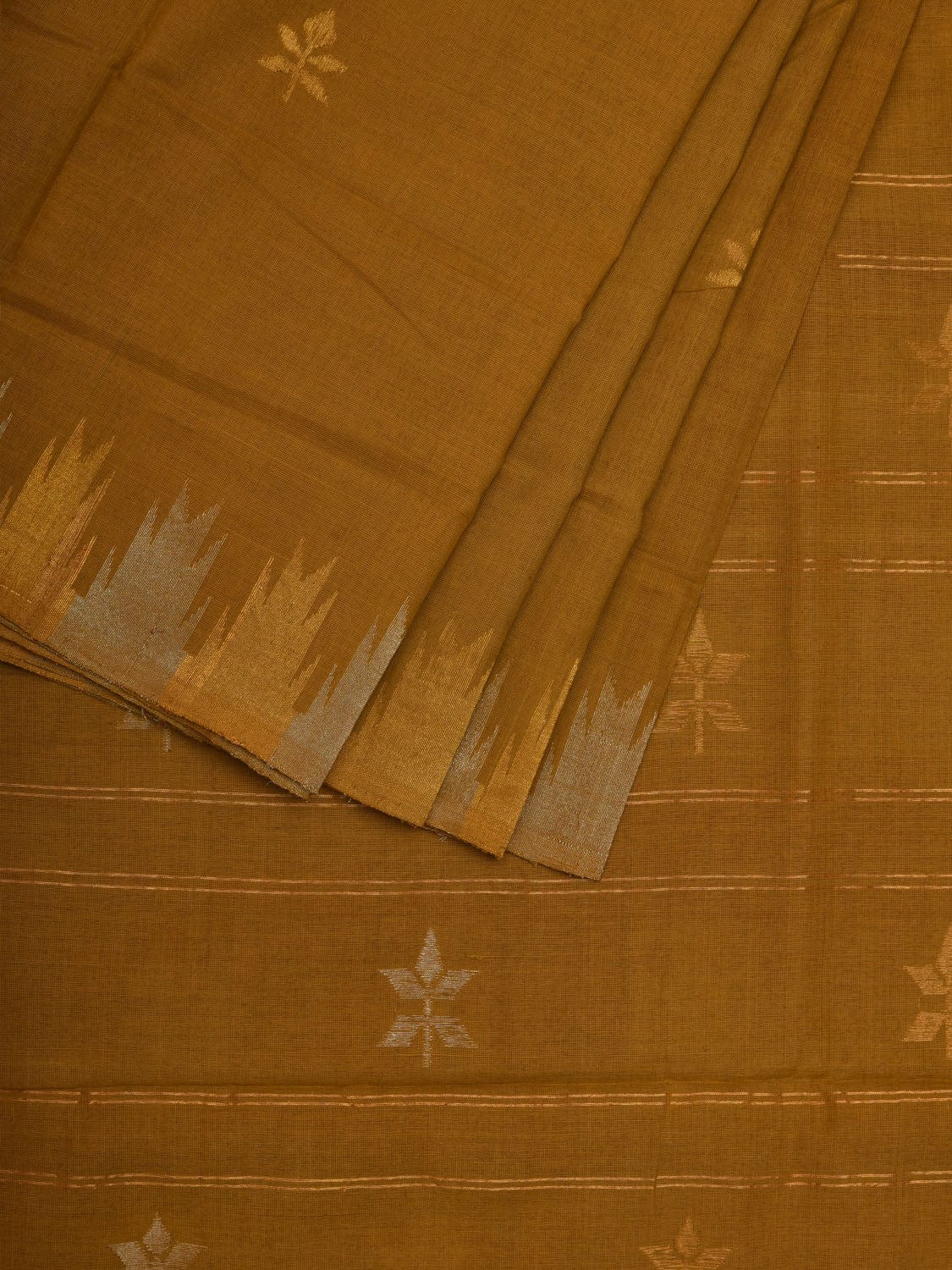 Olive Khadi Cotton Handloom Saree with Temple Border Design - Global Threads - Distacart