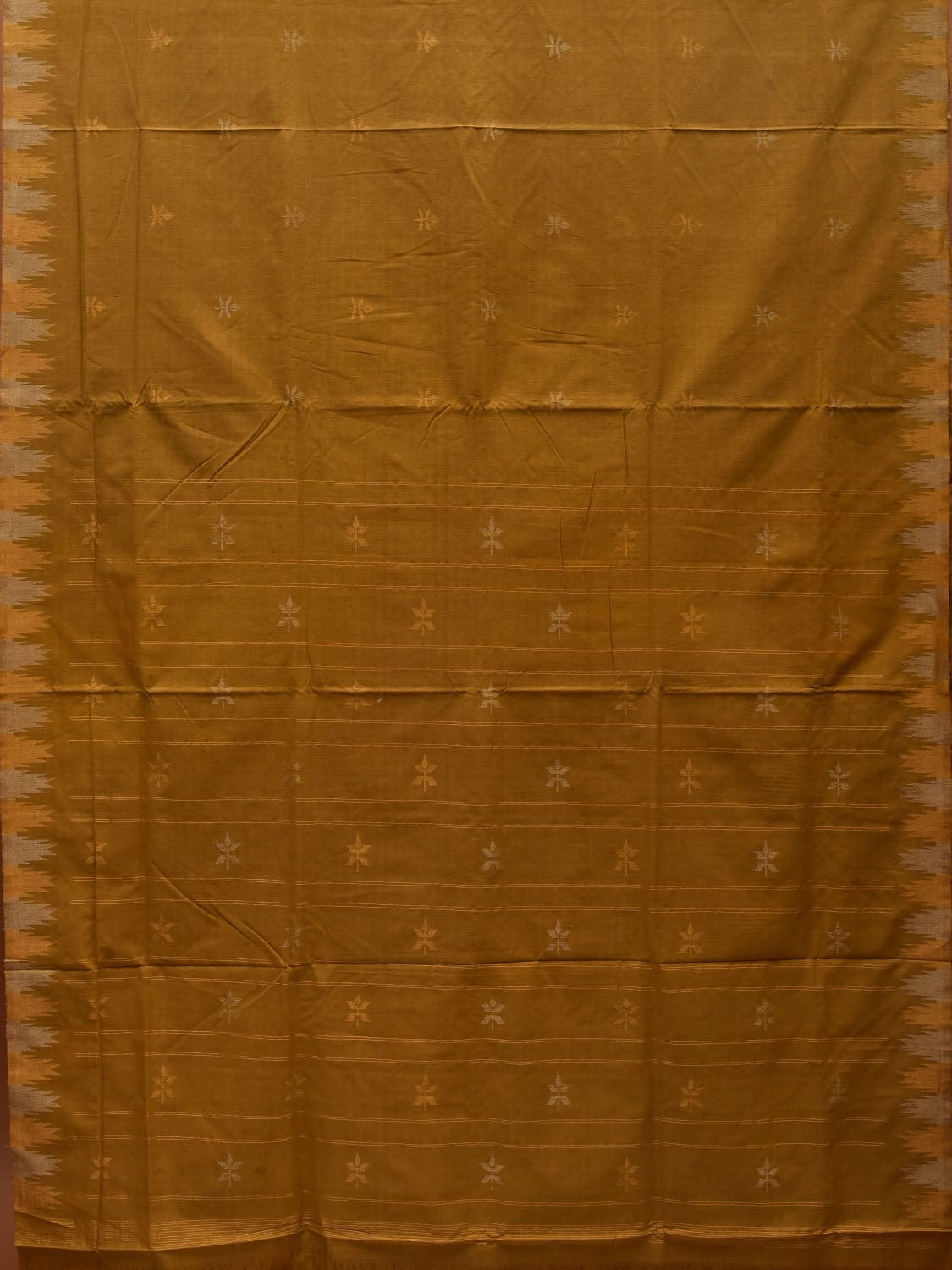 Olive Khadi Cotton Handloom Saree with Temple Border Design - Global Threads - Distacart