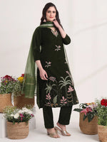 Thumbnail for Yufta Olive Straight Embroidery Kurta And Trouser With Dupatta Set