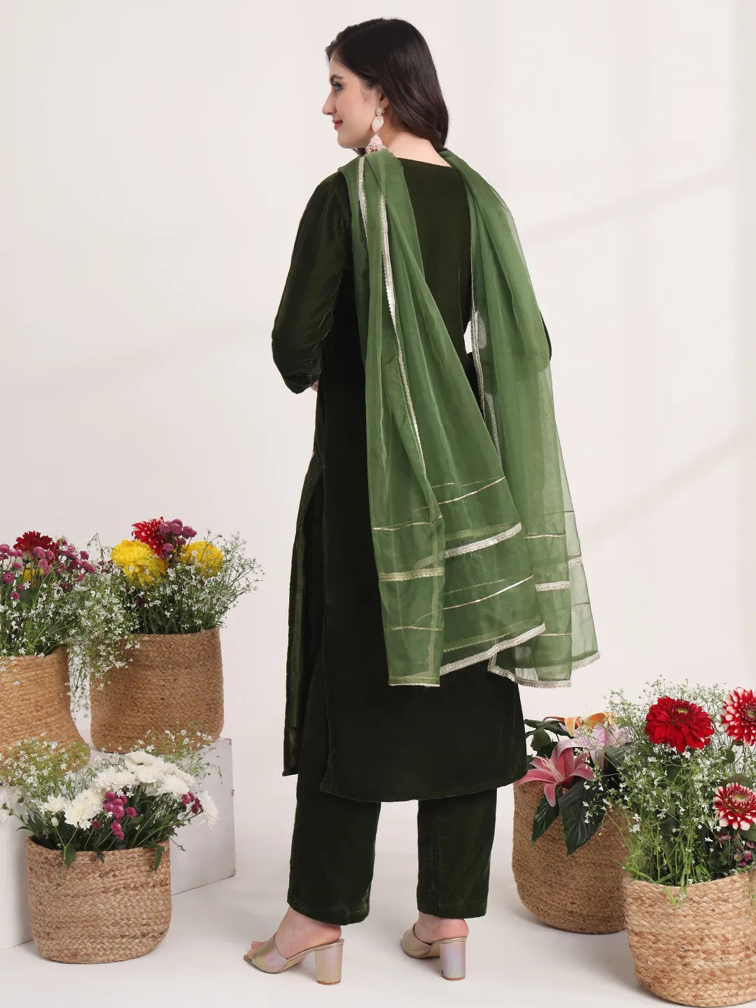 Yufta Olive Straight Embroidery Kurta And Trouser With Dupatta Set