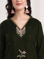 Thumbnail for Yufta Olive Straight Embroidery Kurta And Trouser With Dupatta Set