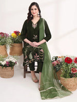 Thumbnail for Yufta Olive Straight Embroidery Kurta And Trouser With Dupatta Set