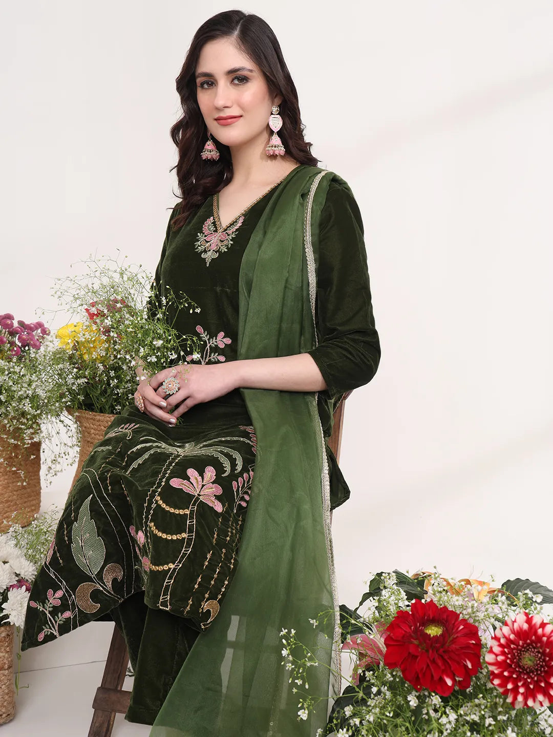 Yufta Olive Straight Embroidery Kurta And Trouser With Dupatta Set