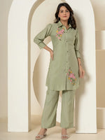 Thumbnail for Yufta Olive Thread_Work Shirt And Trouser Polyester Co-Ord Set