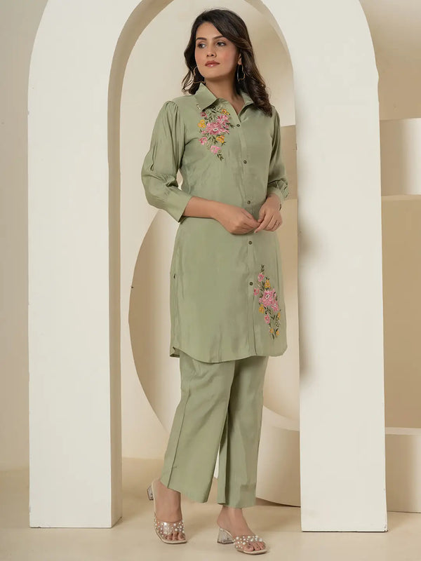 Yufta Olive Thread_Work Shirt And Trouser Polyester Co-Ord Set