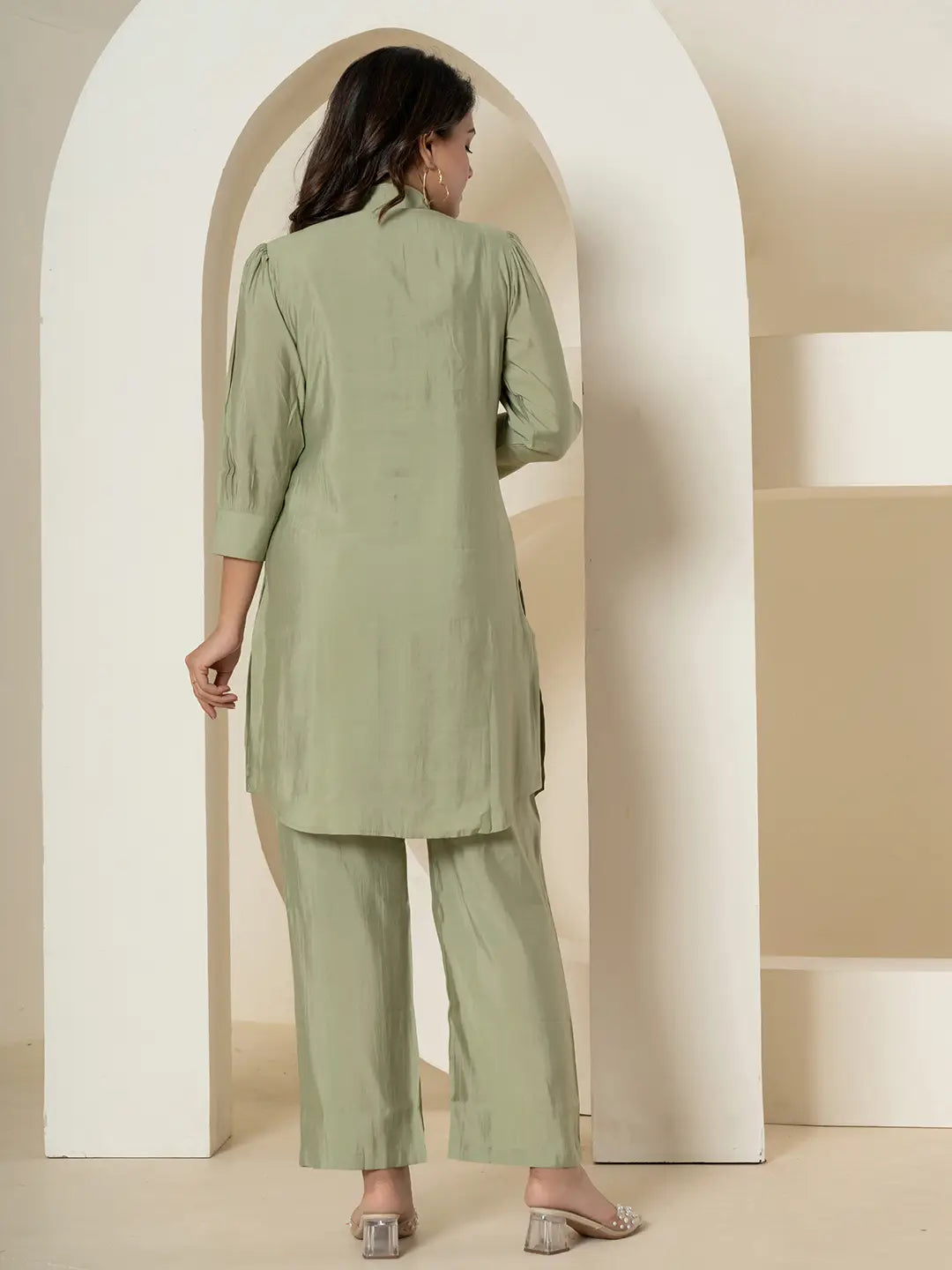 Yufta Olive Thread_Work Shirt And Trouser Polyester Co-Ord Set