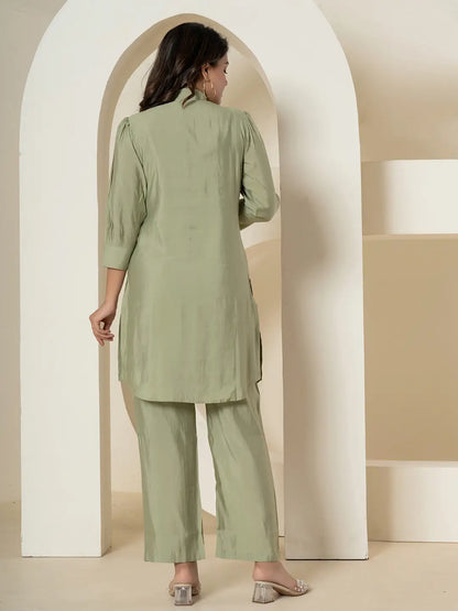 Yufta Olive Thread_Work Shirt And Trouser Polyester Co-Ord Set - Distacart