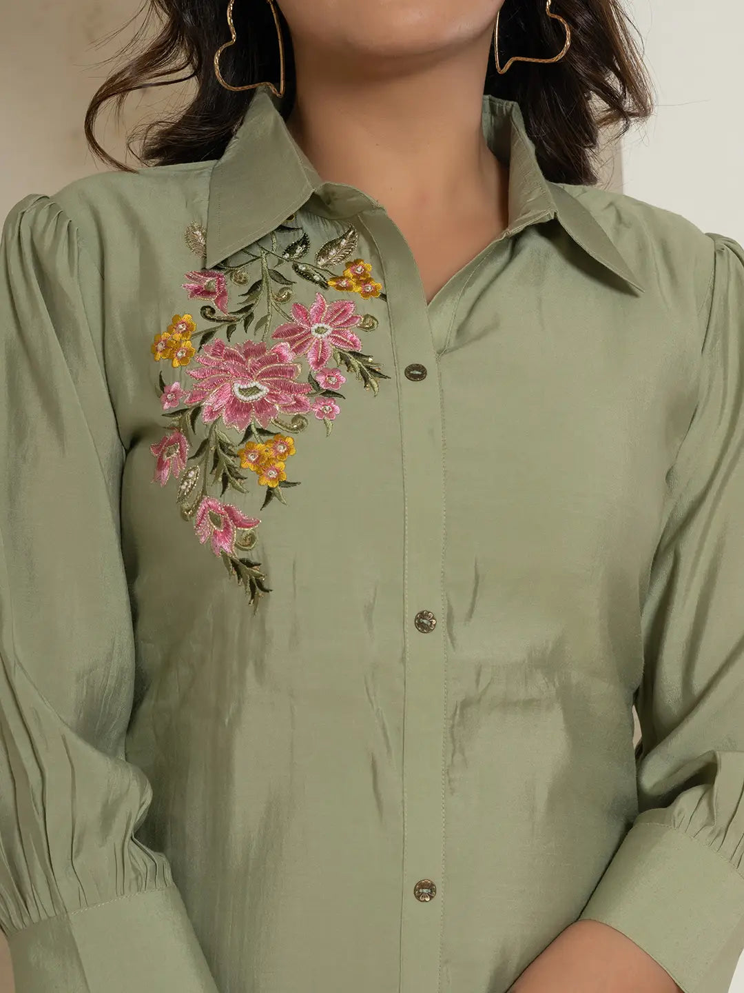 Yufta Olive Thread_Work Shirt And Trouser Polyester Co-Ord Set - Distacart
