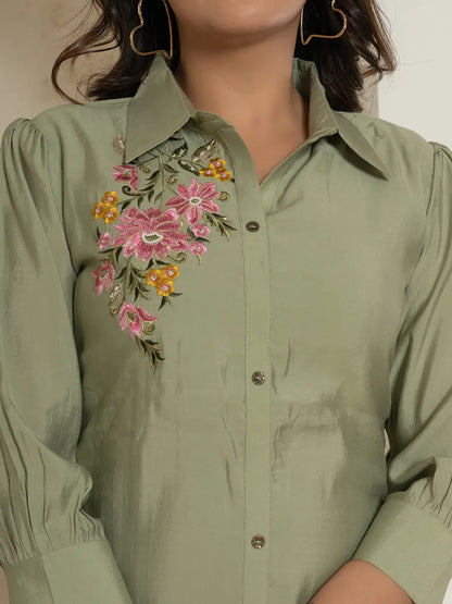 Yufta Olive Thread_Work Shirt And Trouser Polyester Co-Ord Set - Distacart