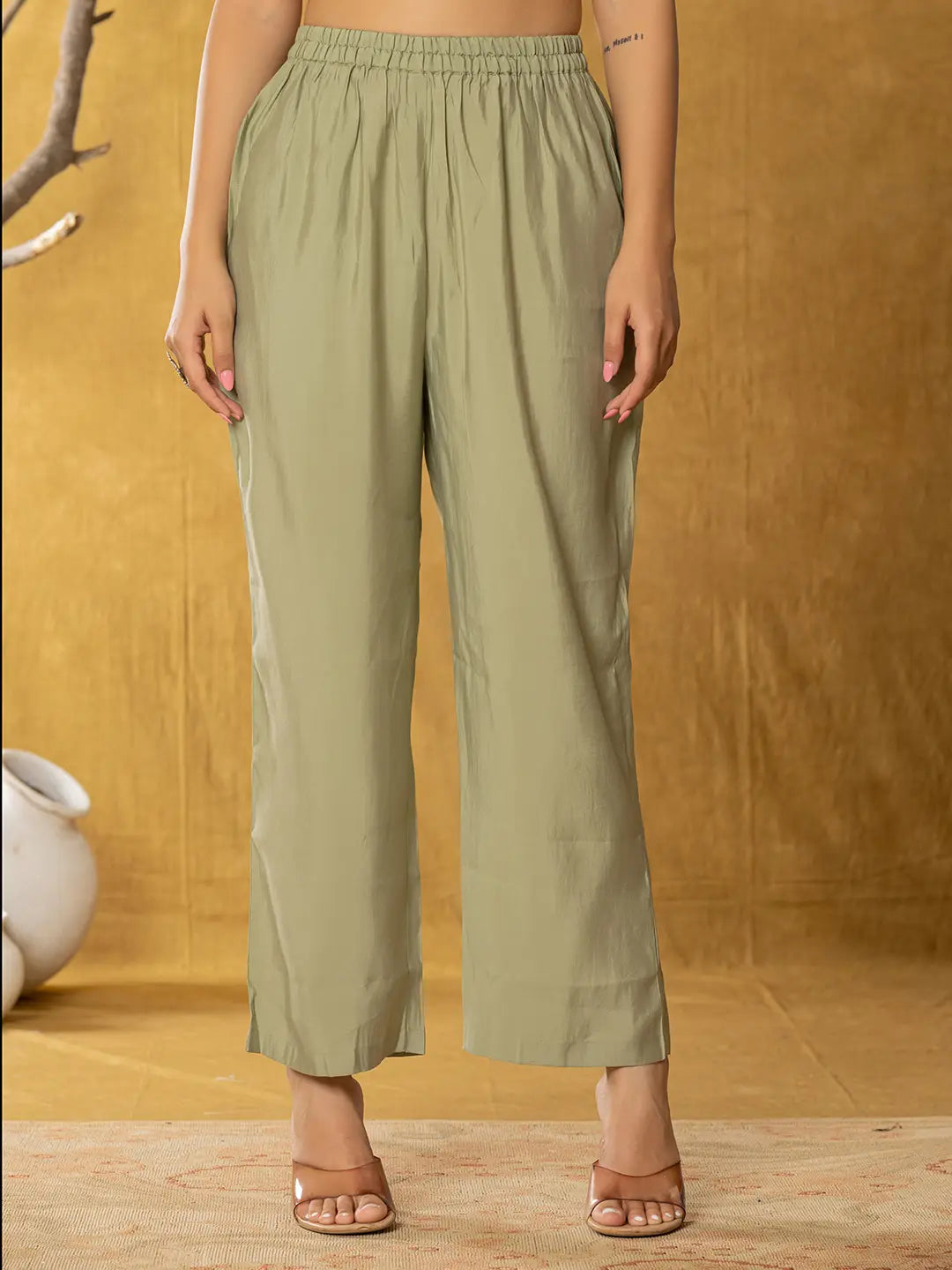 Yufta Olive Thread_Work Shirt And Trouser Polyester Co-Ord Set