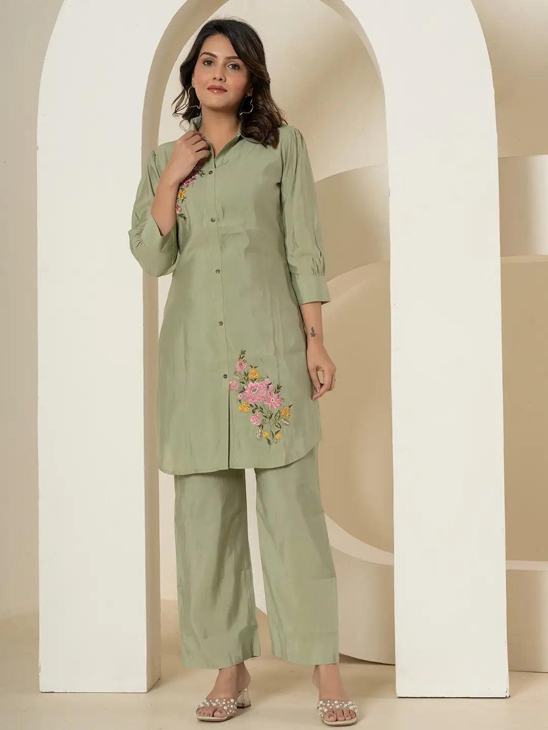 Yufta Olive Thread_Work Shirt And Trouser Polyester Co-Ord Set