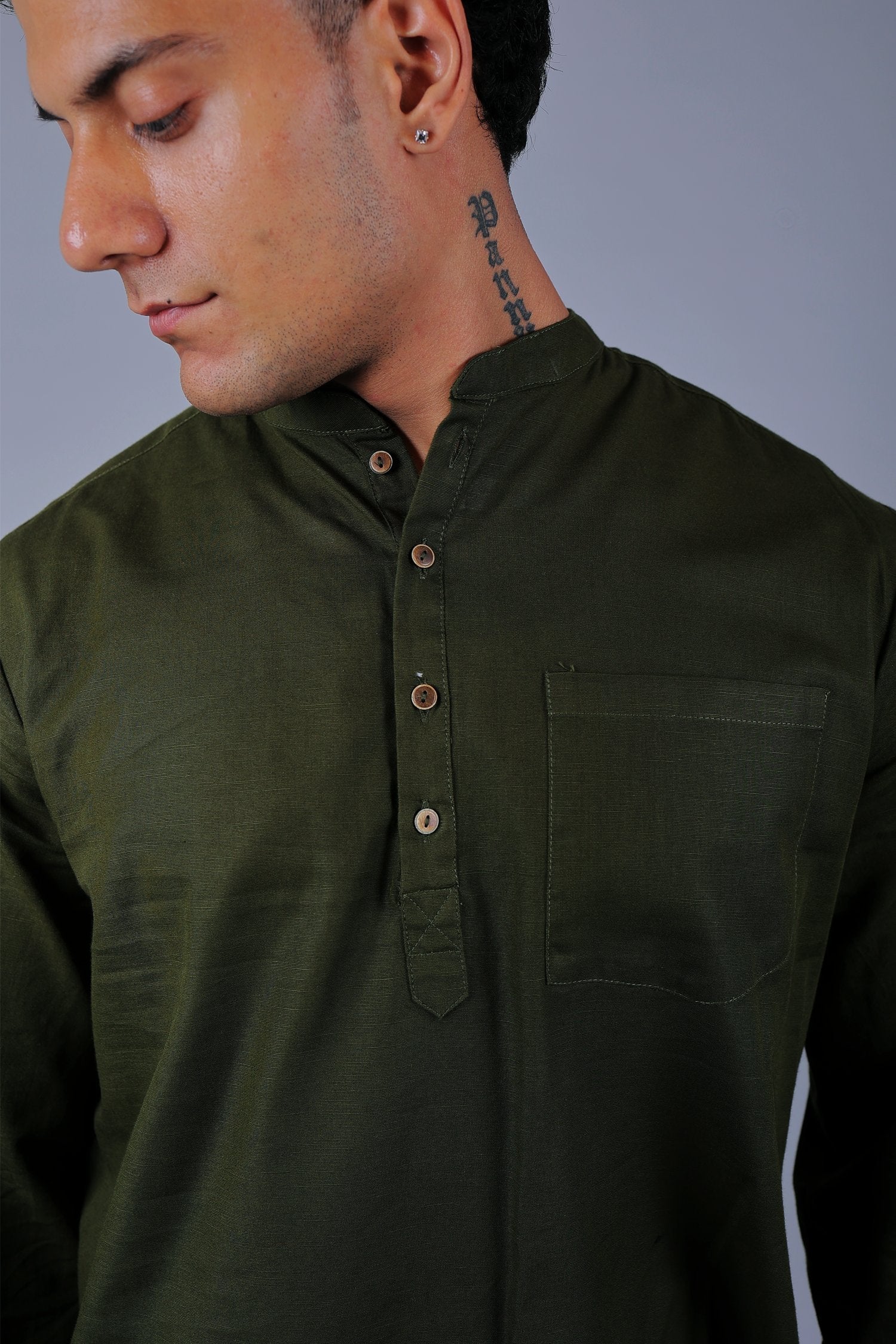 Bluebird Men's Short Kurta in Mehandi - 100% Pure Cotton - Distacart