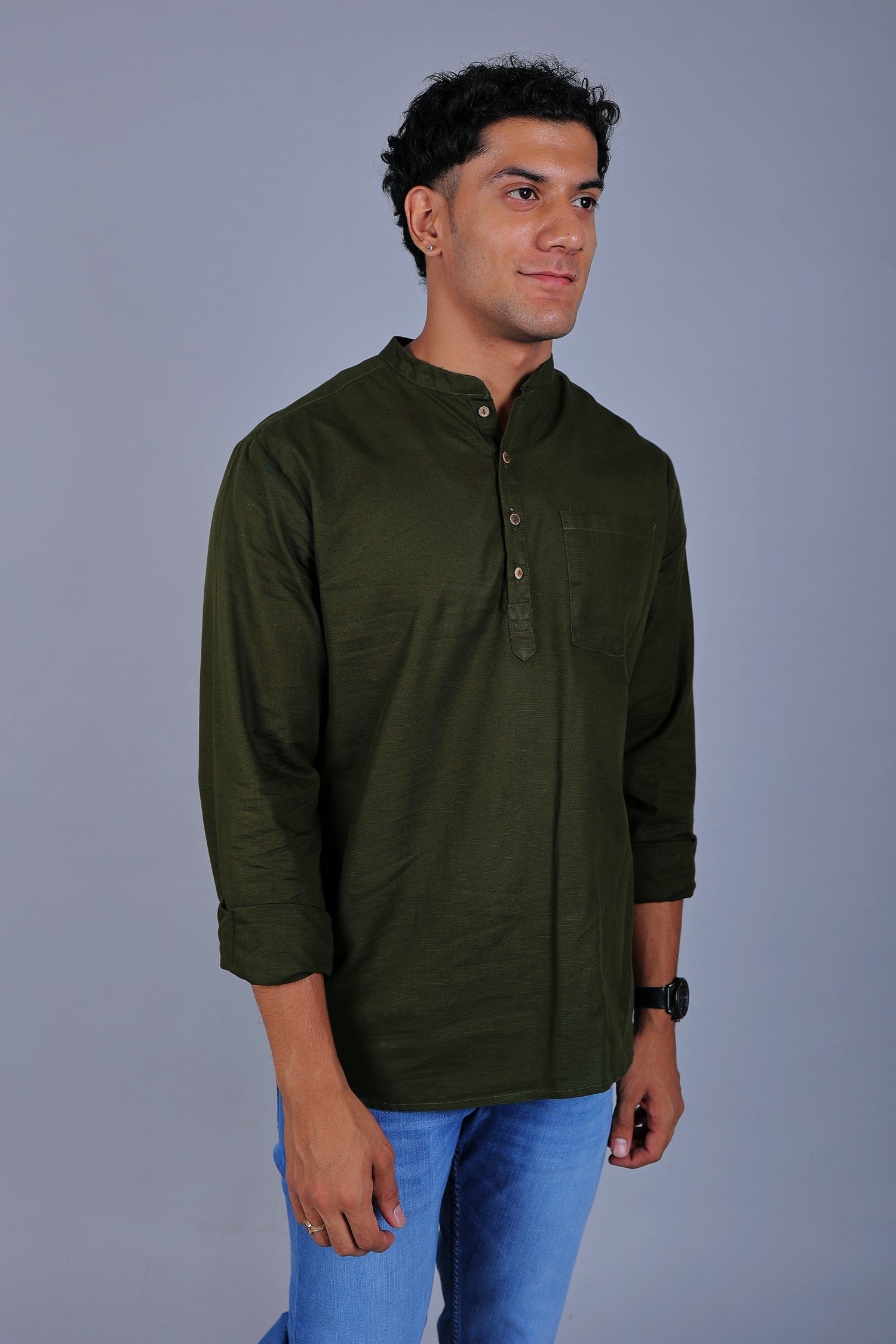 Bluebird Men's Short Kurta in Mehandi - 100% Pure Cotton - Distacart