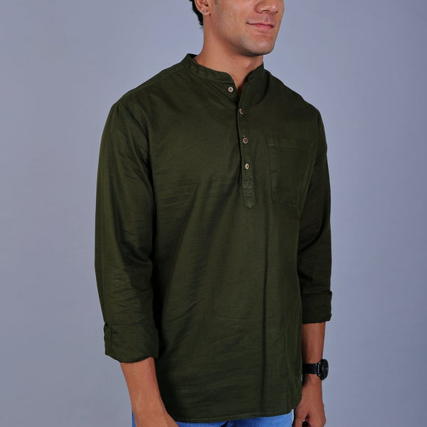 Bluebird Men's Short Kurta in Mehandi - 100% Pure Cotton - Distacart