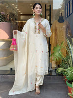 Thumbnail for The52 Off White Women's Gorgeous Chinon Fabric Embroidered Work Straight Kurta Pant and Dupatta Set - Distacart
