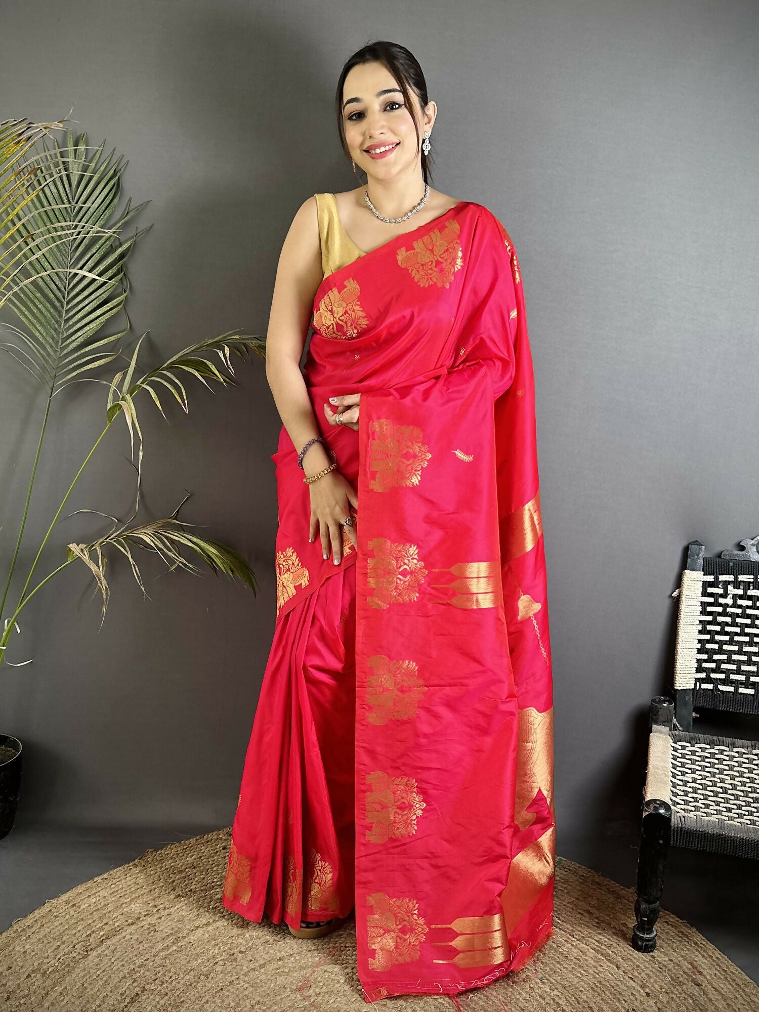 Joban Fashion Crimson Red Motifs Zari Weaving Soft Silk Banarasi Saree - Dista