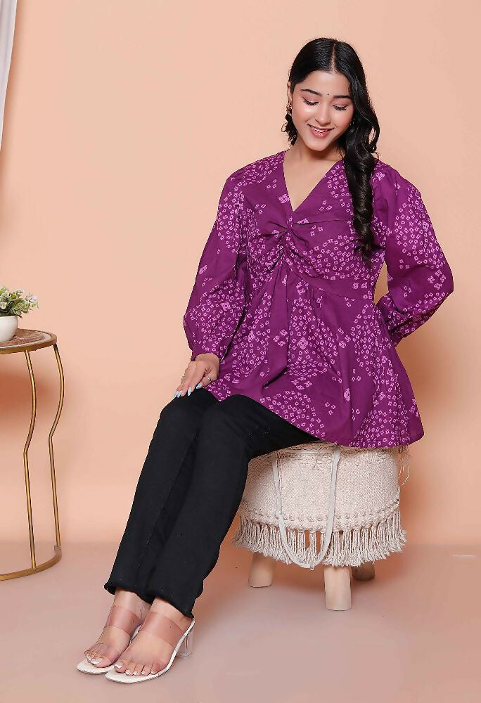 Miravan Womens Purple Bandhani Printed Butterfly Style Top - Distacart