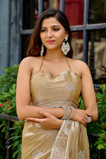 Thumbnail for Vastranavya Beige Embroidery Work Shimmer Chiffon Saree with Unstitched Blouse