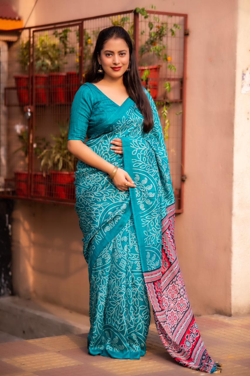 Rama Silk Blend Ajrak Saree with Unstitched Blouse - A2M - Distacart