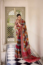 Thumbnail for Vastranavya Maroon Viscose Chanderi Printed with Temple Border Saree & Unstitched Blouse - Distacart