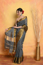 Thumbnail for Very Much Indian Handloom Pure Cotton Linen Saree With Golden Border - Grey Gold - Distacart