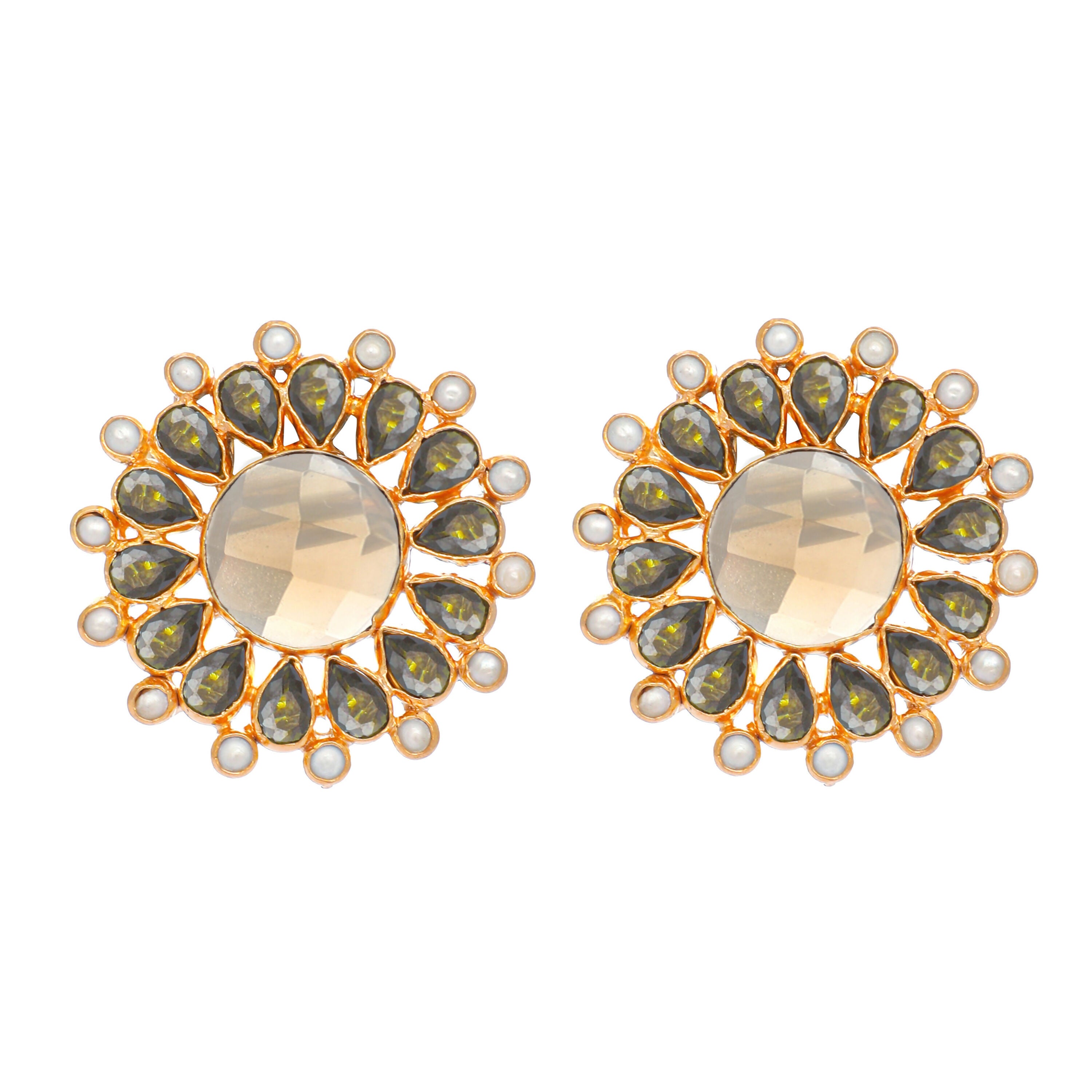 Nuyug 22K Gold Plated Faux Smoky Quartz & Crystal Studded Contemporary Floral Studs