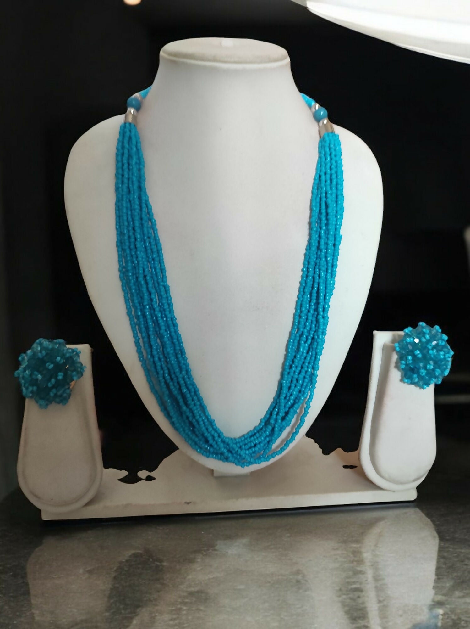 Inhanns Bloom Handmade Beaded Necklace With Earrings - 12 Layers - Skey Blue Necklace Set - Distacart