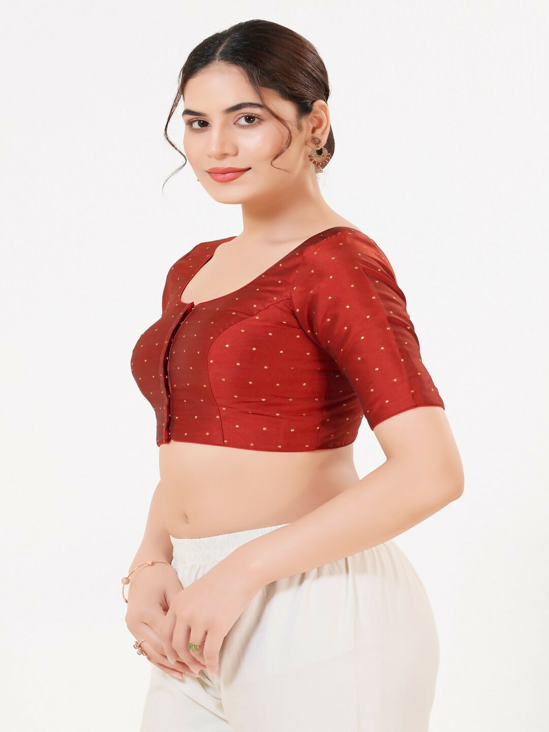 Joban Fashion Dark-Red Taffeta Silk Elbow Sleeveless Front Open Blouse