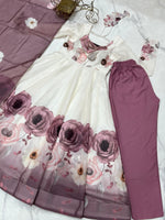Thumbnail for Evanik Onion Pink Soft Organza Silk With Floral Print Fully Flared Anarkali Pant With Dupatta Set
