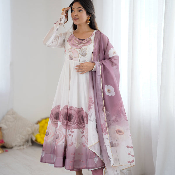 Evanik Onion Pink Soft Organza Silk With Floral Print Fully Flared Anarkali Pant With Dupatta Set