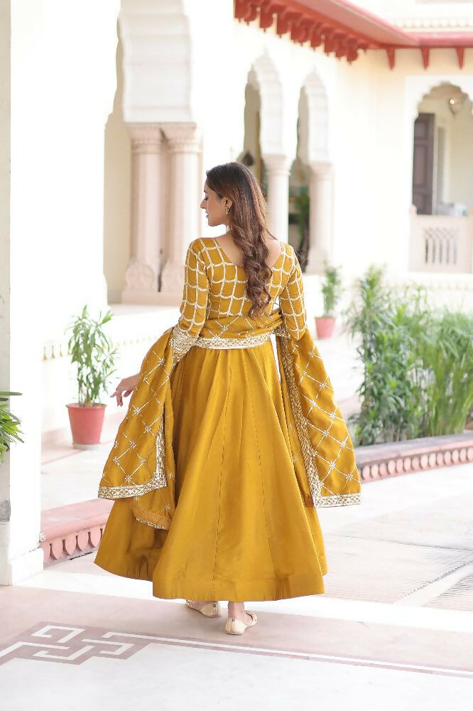Joban Fashion Yellow Kurta Set Silk Sequins , Zari, Coding & Thread Embroidered work - Distacart