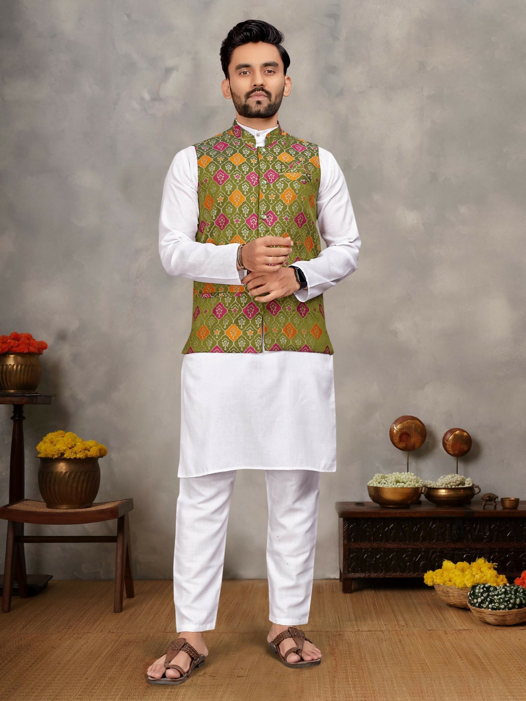 Anaita Mehendi Cotton Straight Kurta Payjama & Koti With Jequard Work - Distacart