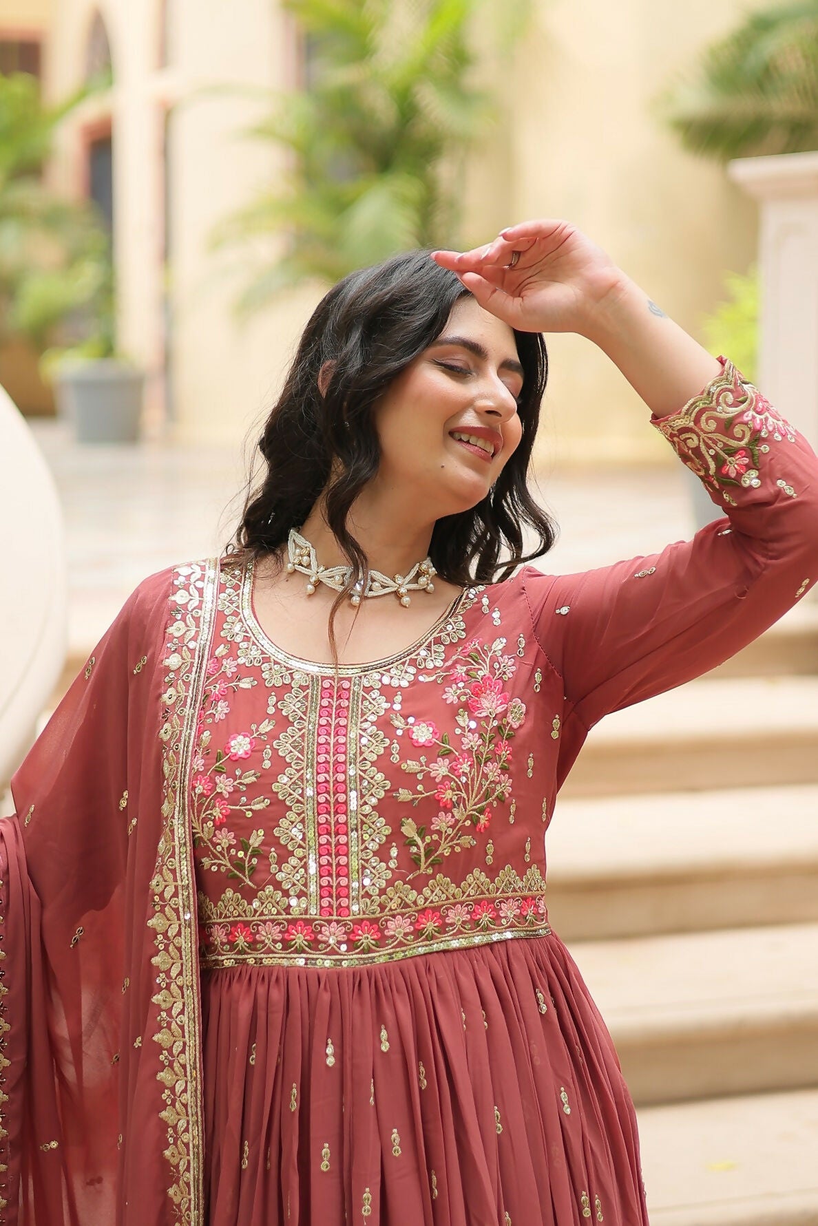 Joban Fashion Coffee Georgette Sequence Embroidery Work Kurta Set