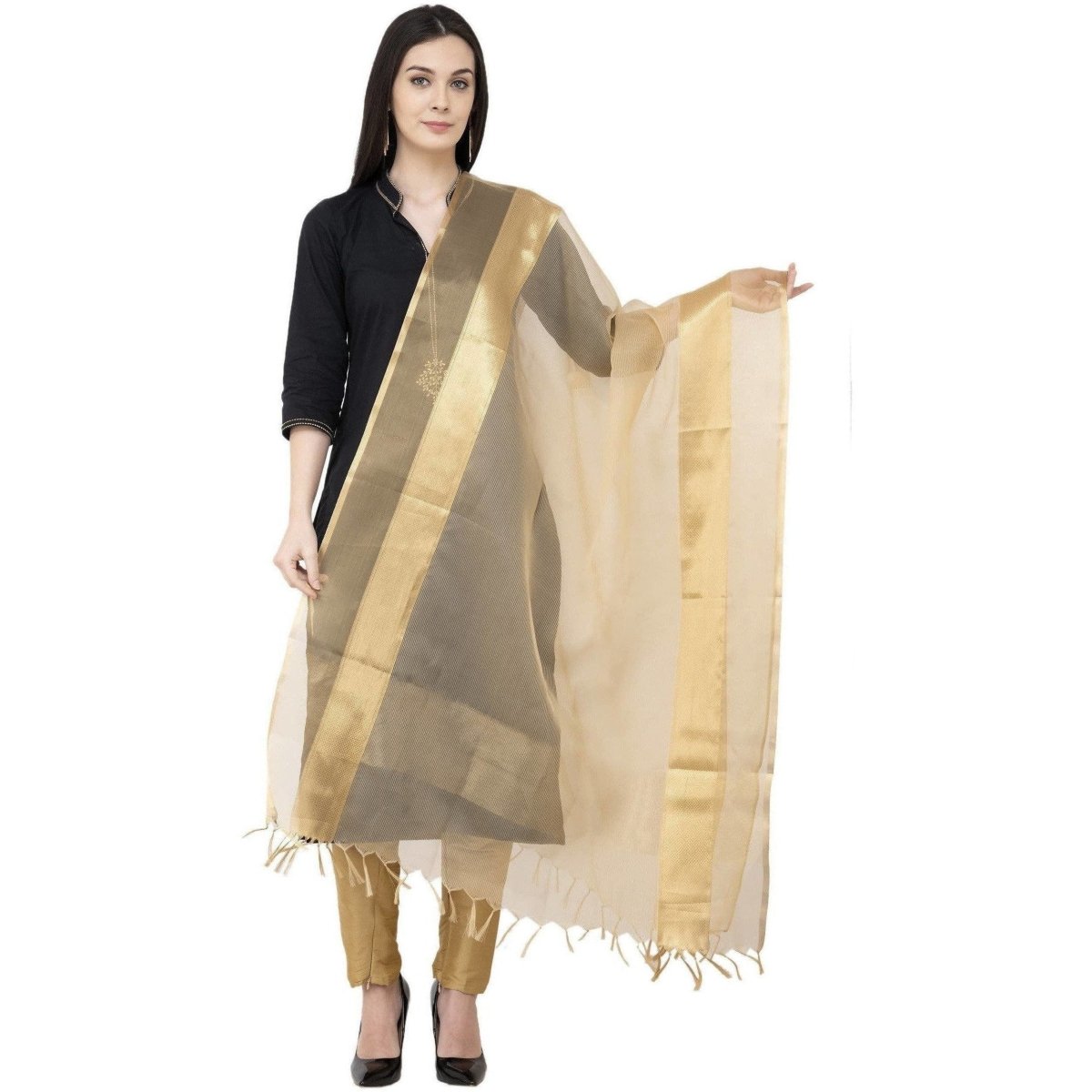 A R SILK VNS Tissue Zari Fancy Dupatta Golden Color Dupatta or Chunni