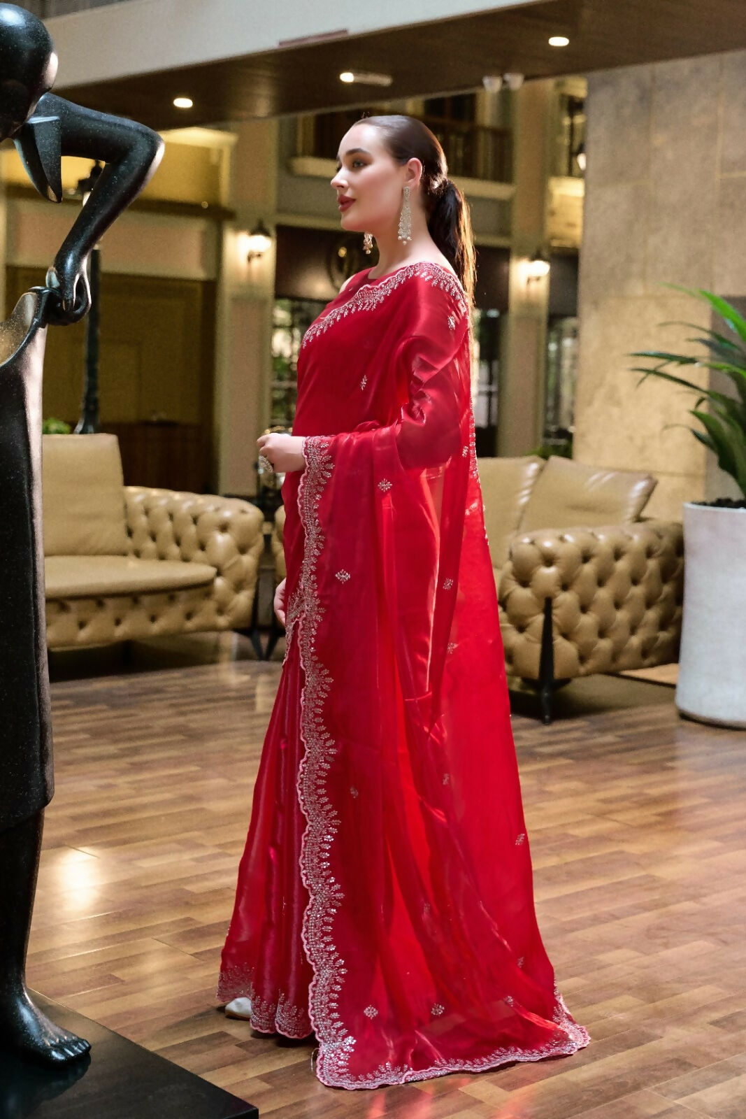 Vastranavya Red Embroidery Work Shimmer Chiffon Saree with Unstitched Blouse